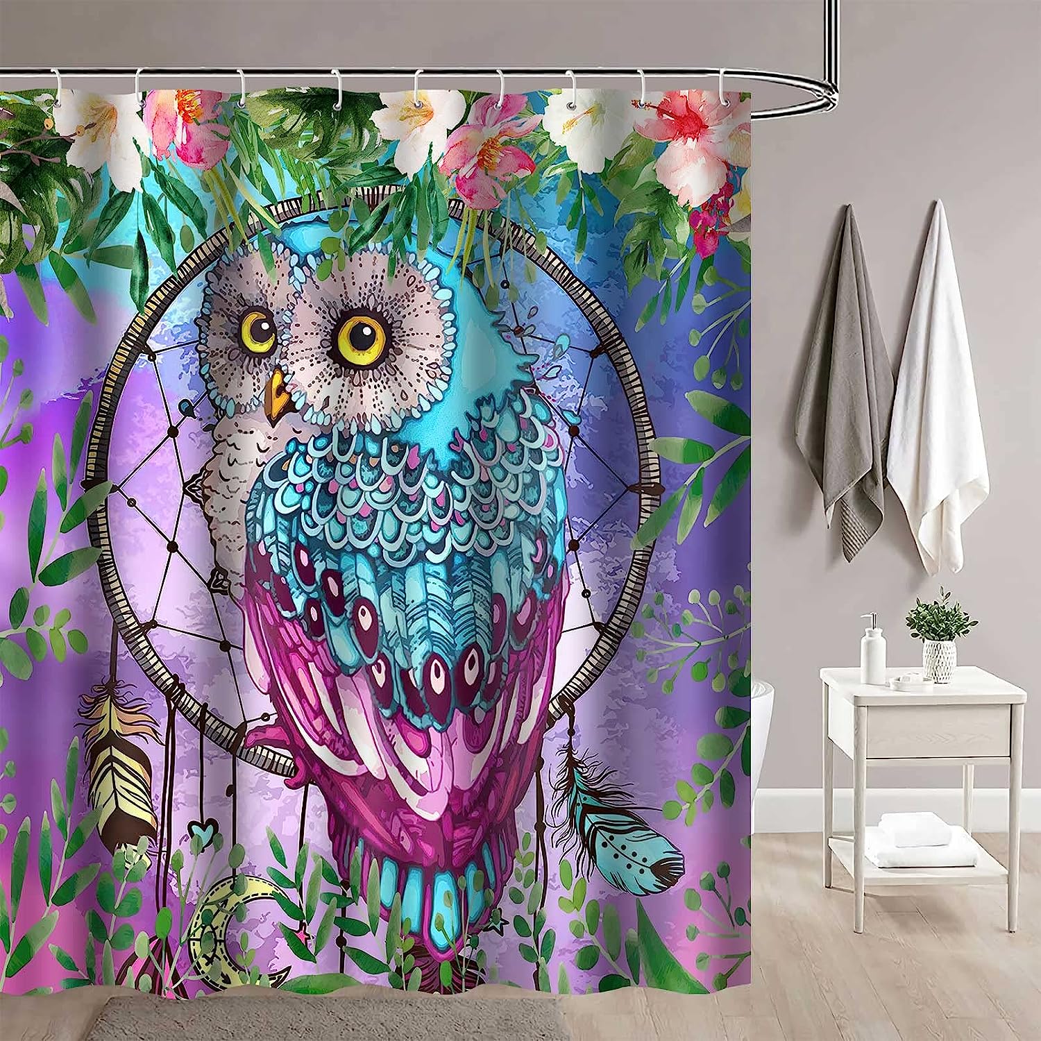 Wild Animals Floral Owl Shower Curtain - Nature-Inspired Bathroom Decor