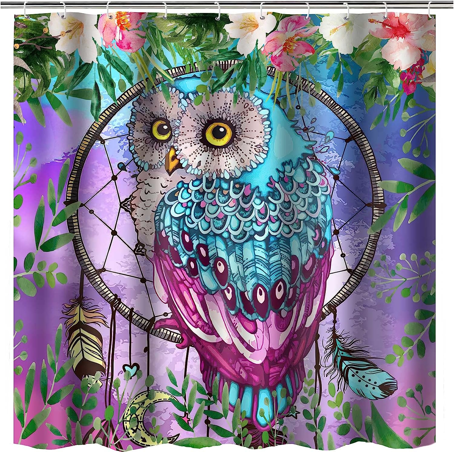 Wild Animals Floral Owl Shower Curtain - Nature-Inspired Bathroom Decor