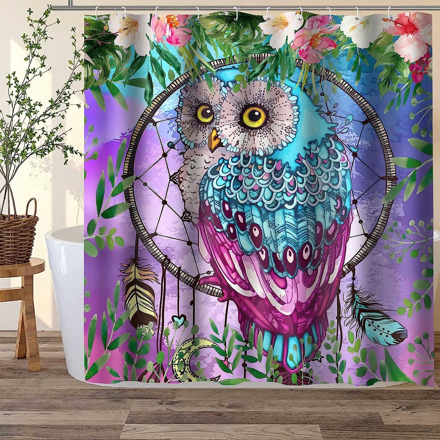 Wild Animals Floral Owl Shower Curtain - Nature-Inspired Bathroom Decor