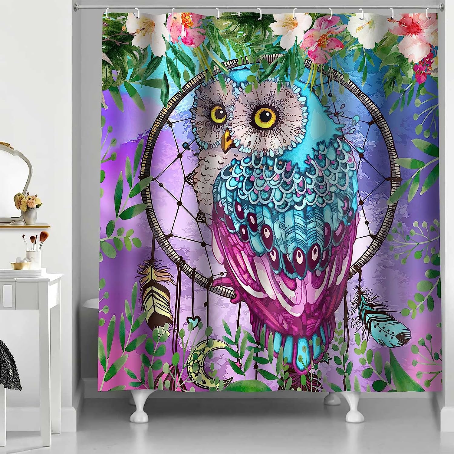 Wild Animals Floral Owl Shower Curtain - Nature-Inspired Bathroom Decor