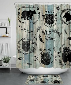 Wild Animals Rustic Board Shower Curtain with Forest Scenery Print
