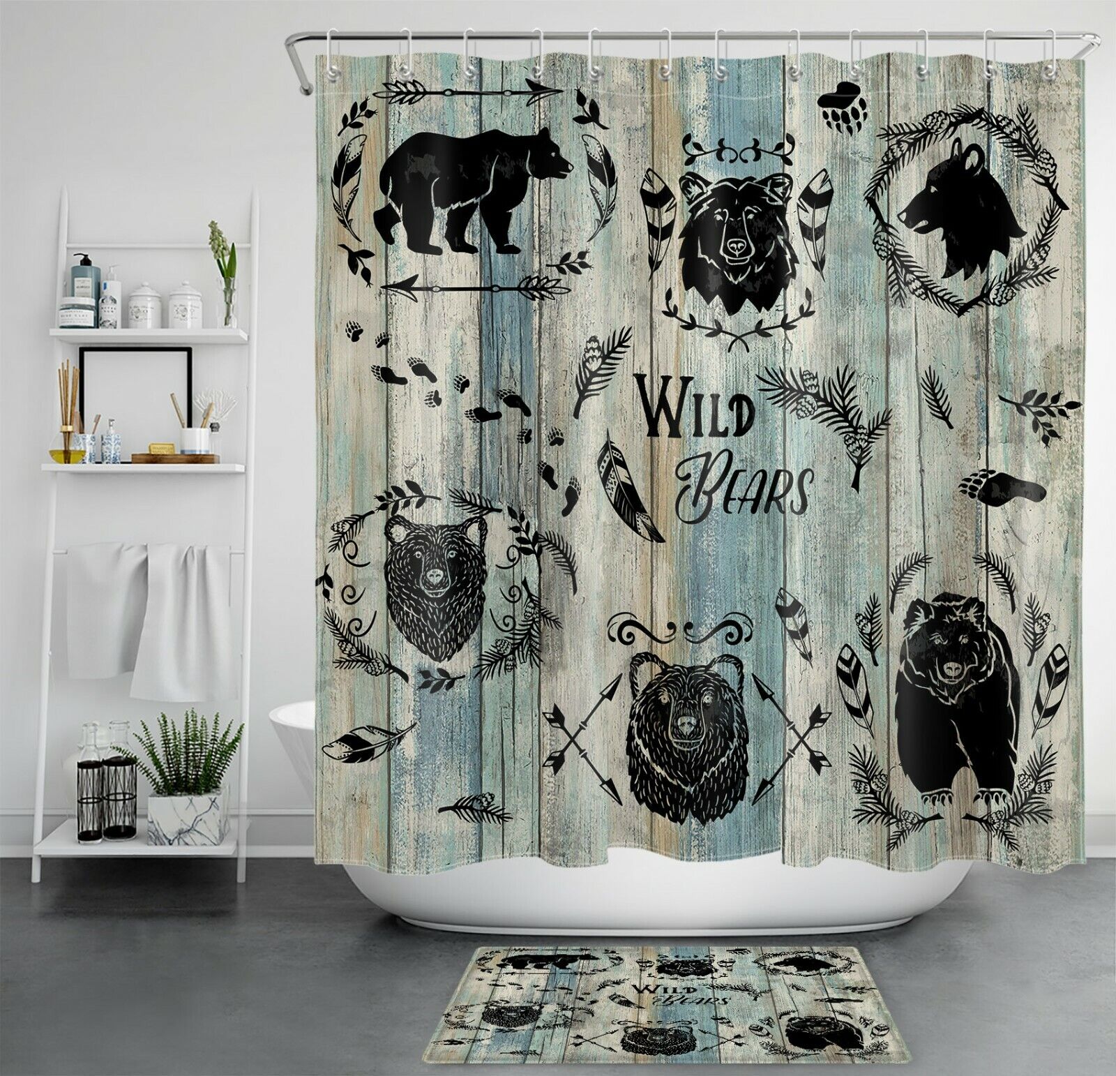 Wild Animals Rustic Board Shower Curtain with Forest Scenery Print