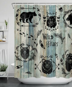 Wild Animals Rustic Board Shower Curtain with Forest Scenery Print