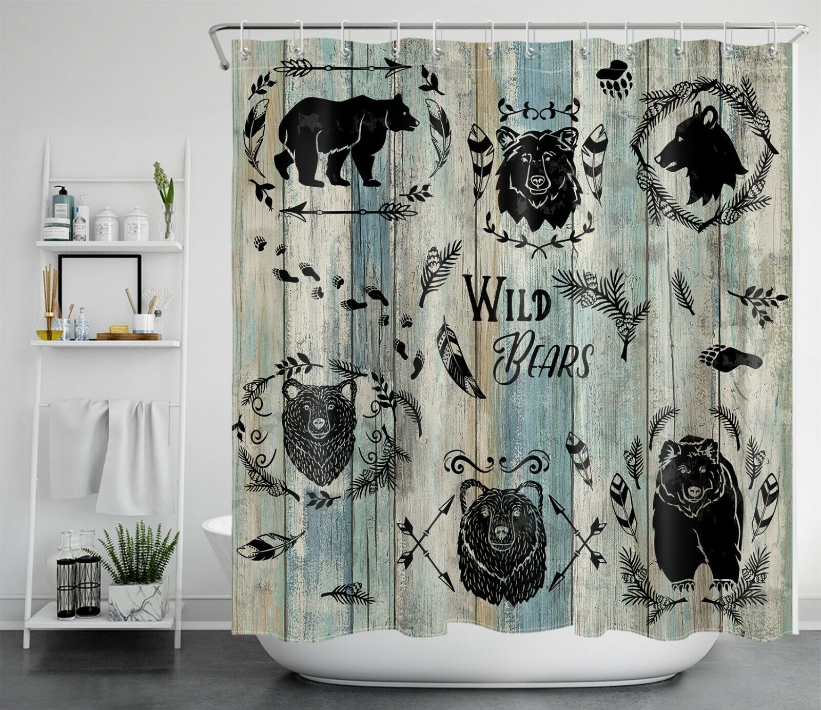 Wild Animals Rustic Board Shower Curtain with Forest Scenery Print