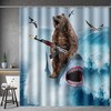 Wild Blue Brown Shower Curtain Set For Adults With Fun Shark Riding A Bear In Ocean Wave, Cool Bathroom Accessories