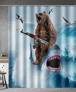 Wild Blue Brown Shower Curtain Set For Adults With Fun Shark Riding A Bear In Ocean Wave, Cool Bathroom Accessories