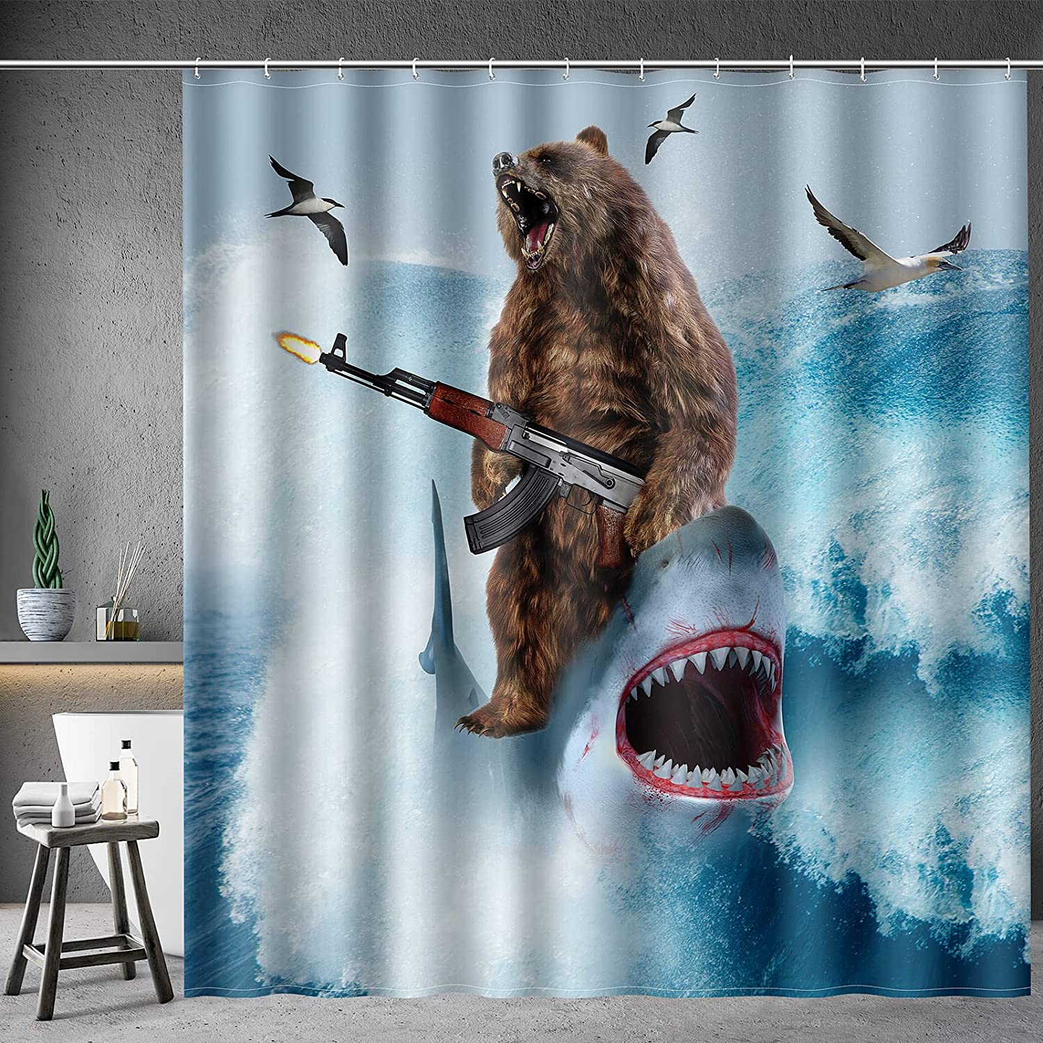Wild Blue Brown Shower Curtain Set For Adults With Fun Shark Riding A Bear In Ocean Wave, Cool Bathroom Accessories