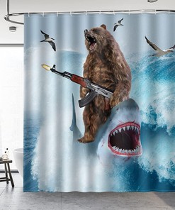 Wild Blue Brown Shower Curtain Set For Adults With Fun Shark Riding A Bear In Ocean Wave, Cool Bathroom Accessories