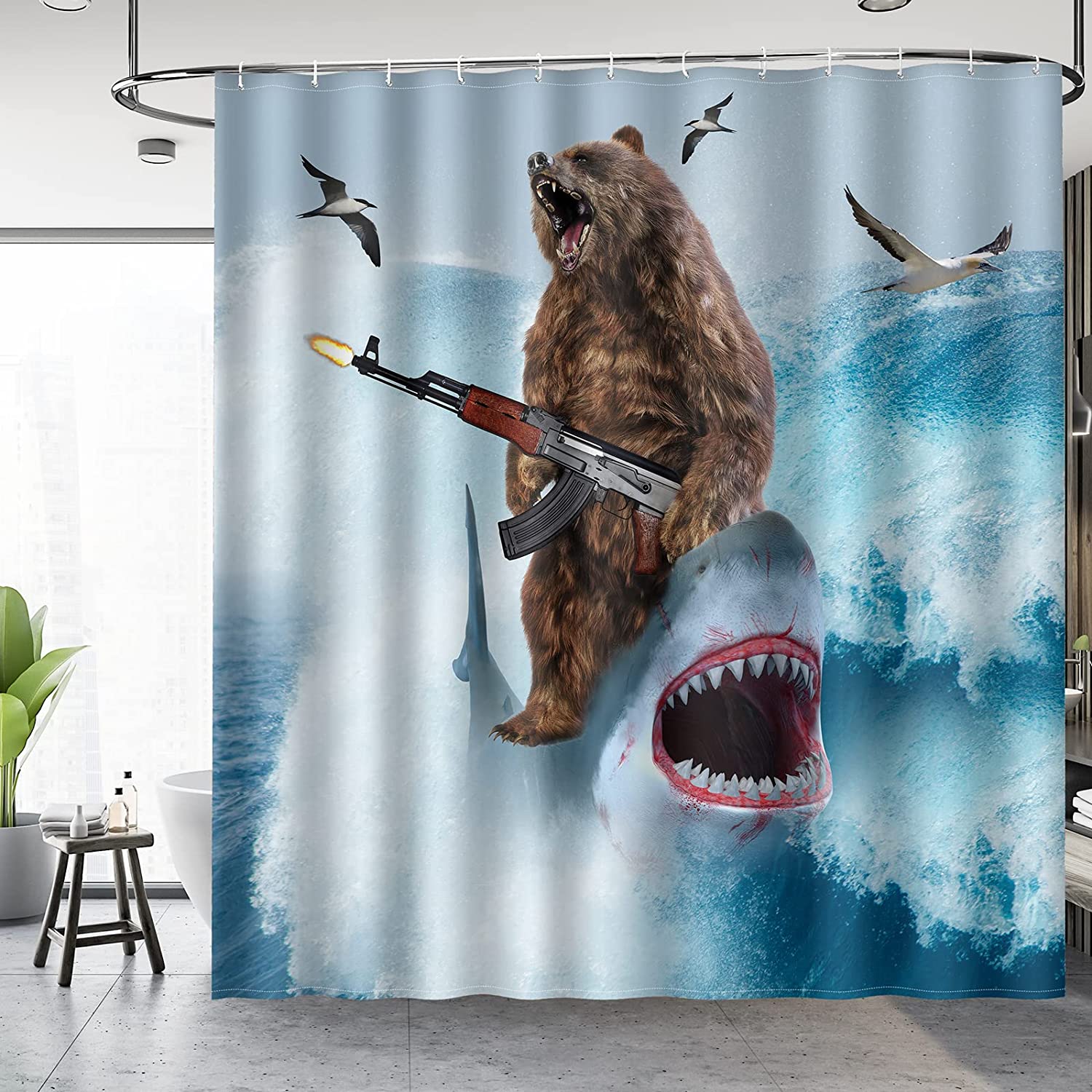 Wild Blue Brown Shower Curtain Set For Adults With Fun Shark Riding A Bear In Ocean Wave, Cool Bathroom Accessories