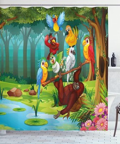 Wild Chimpanzee Monkey Birds Parrot Animal Jungle On Tree Branch Print Shower Curtain