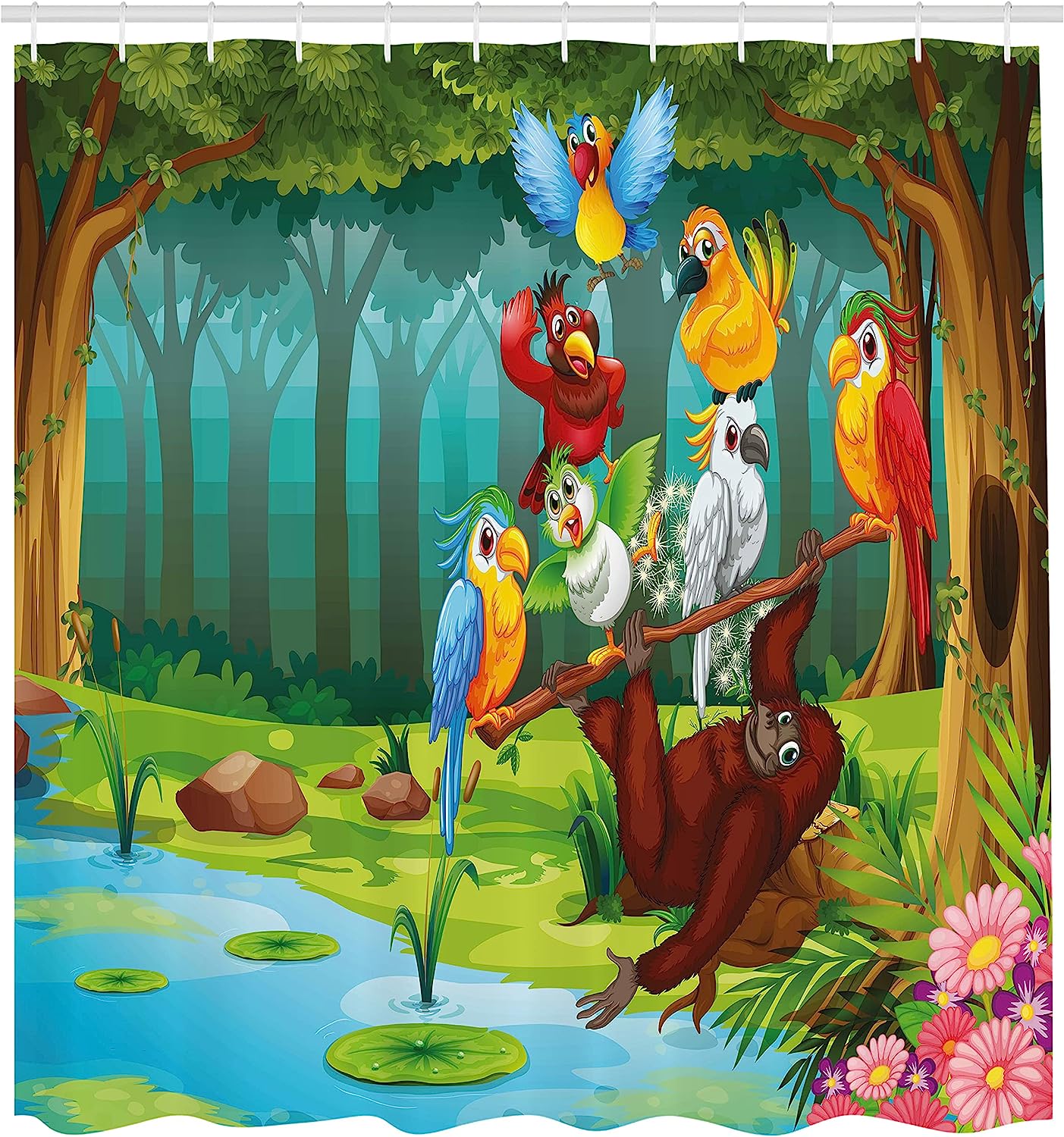 Wild Chimpanzee Monkey Birds Parrot Animal Jungle On Tree Branch Print Shower Curtain - Image 2