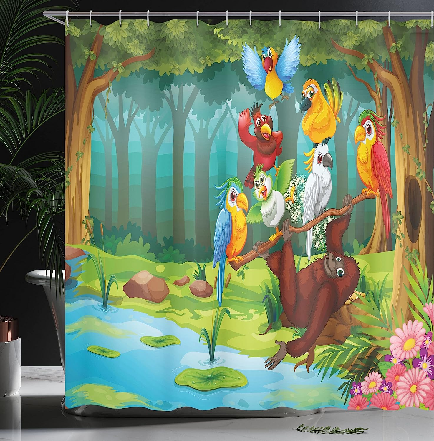 Wild Chimpanzee Monkey Birds Parrot Animal Jungle On Tree Branch Print Shower Curtain - Image 3