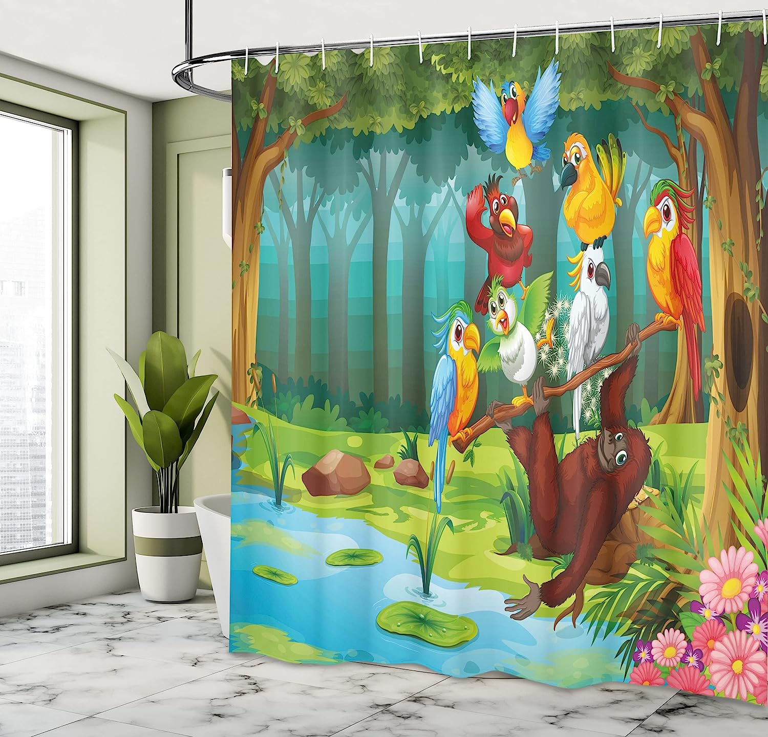 Wild Chimpanzee Monkey Birds Parrot Animal Jungle On Tree Branch Print Shower Curtain - Image 4