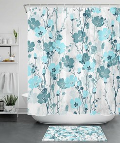 Wild Flower Natural Botanical Teal Floral Shower Curtain