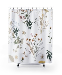 Wild Flowers Farmhouse Shower Curtain - Botanical Garden Roses, Beige Green Floral Print, Country Bathroom Decor