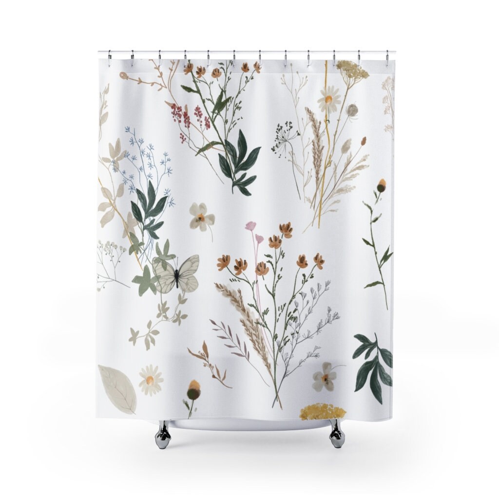 Wild Flowers Farmhouse Shower Curtain - Botanical Garden Roses, Beige Green Floral Print, Country Bathroom Decor