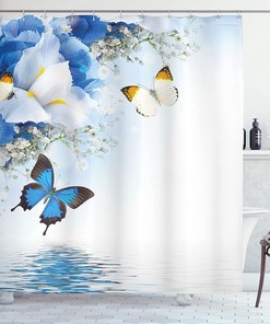 Wild Flowers With Monarch Butterflies Lily Spa Shower Curtain, Art Printed Drawing Theme Cloth Fabric Bathroom Decors