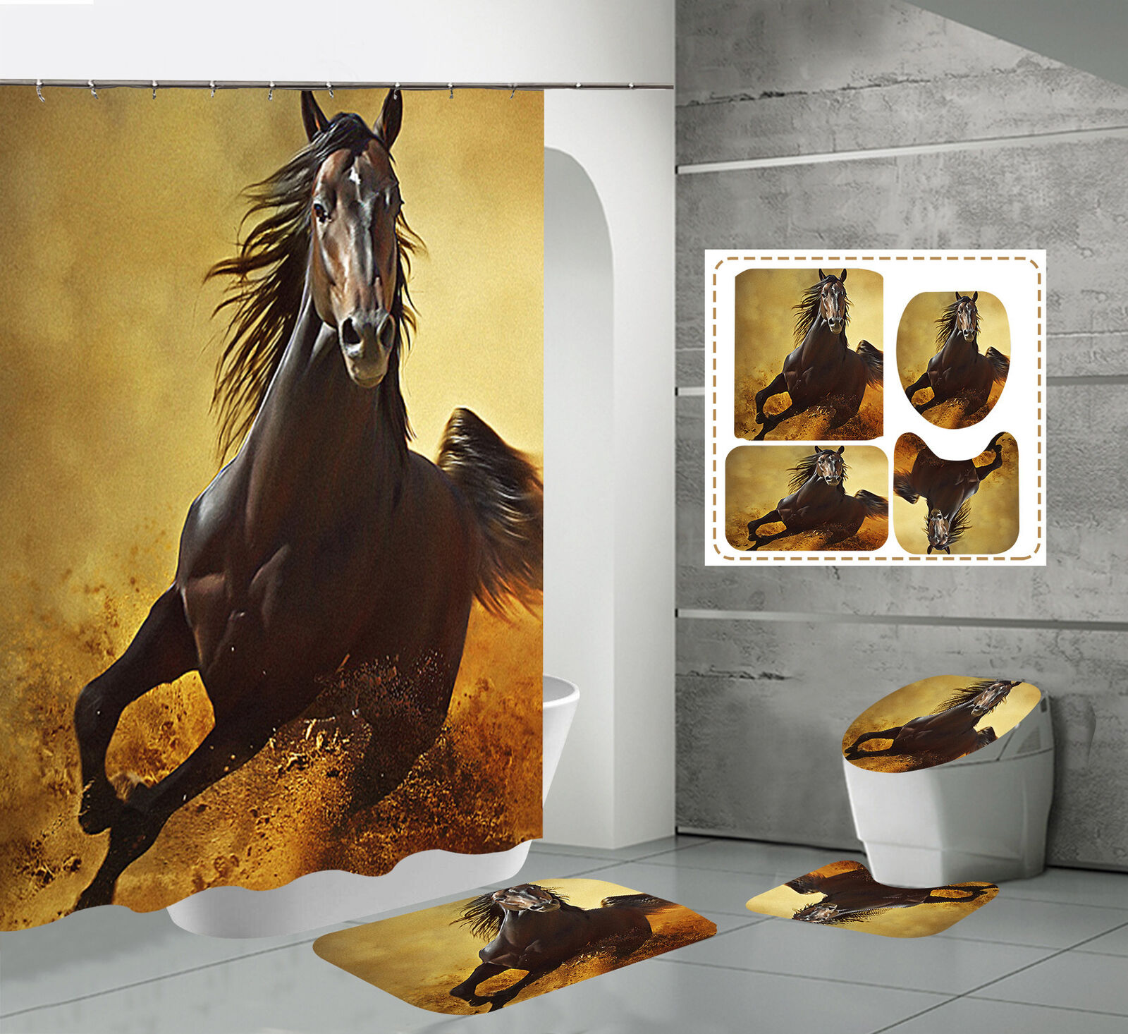 Wild Horse Print Shower Curtain with Sweat Horse Steed Design for Bathroom Decor