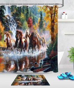 Wild Horses Pine Forest Shower Curtain - Nature-Inspired Bathroom Accessory 