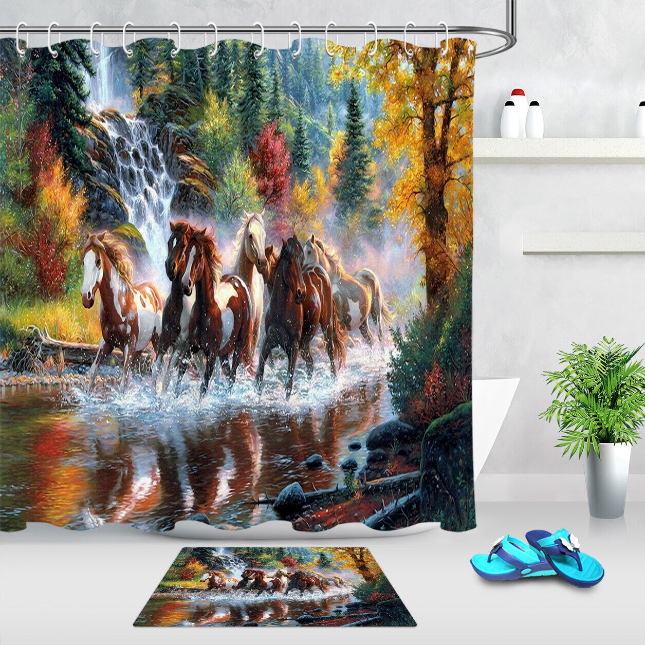Wild Horses Pine Forest Shower Curtain - Nature-Inspired Bathroom Accessory