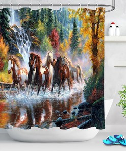 Wild Horses Pine Forest Shower Curtain - Nature-Inspired Bathroom Accessory