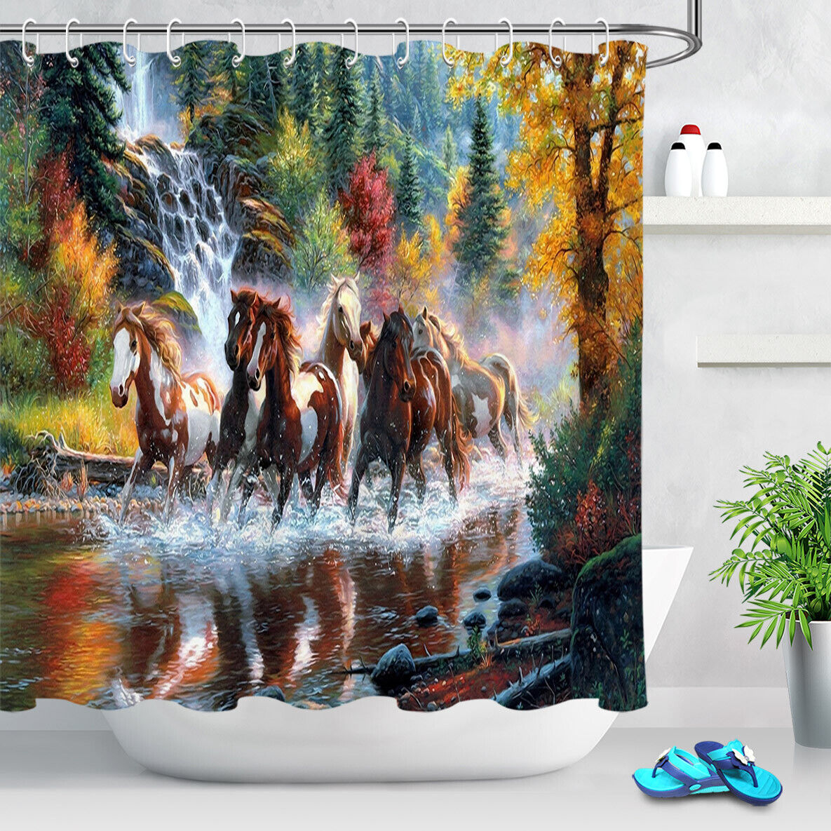 Wild Horses Pine Forest Shower Curtain - Nature-Inspired Bathroom Accessory