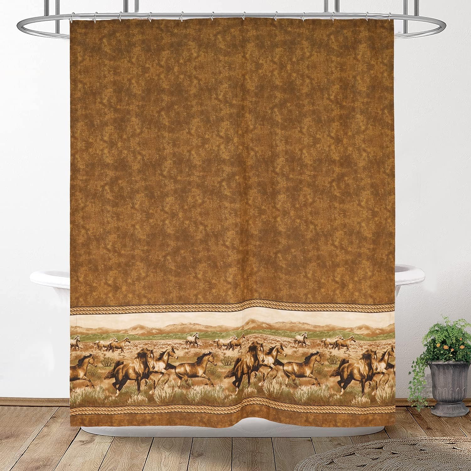Wild Horses Shower Curtain, Brown Themed Bathroom Decor with Beautiful Animal Print