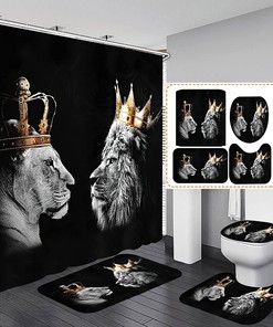 Wild Lion Crown Shower Curtain, African Leo Tiger Couple Bathroom Decor, Waterproof Black Curtain 