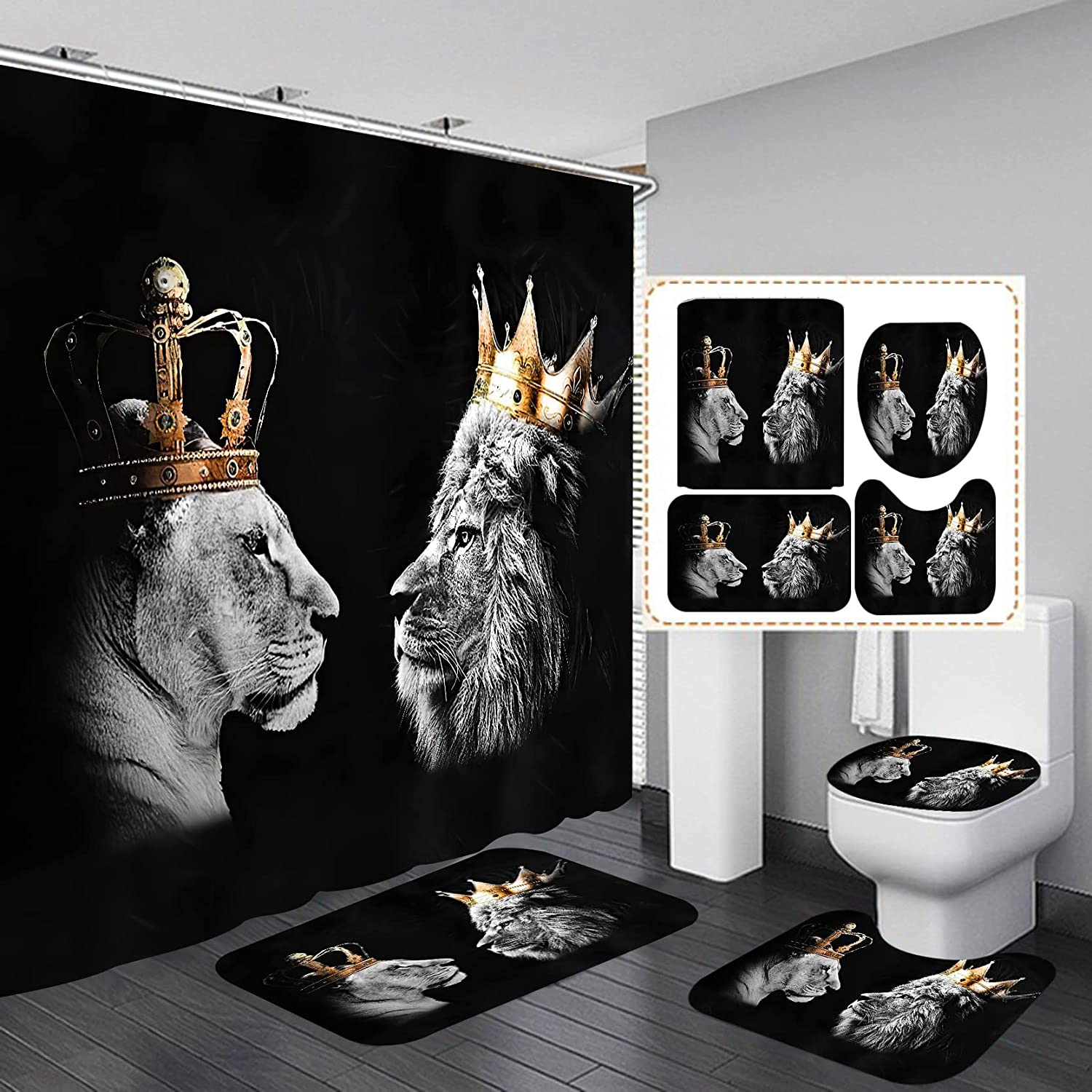 Wild Lion Crown Shower Curtain, African Leo Tiger Couple Bathroom Decor, Waterproof Black Curtain