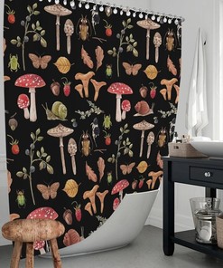 Wild Mushrooms And Plants Print Colorful Shower Curtain For A Nature-Inspired Bathroom Theme