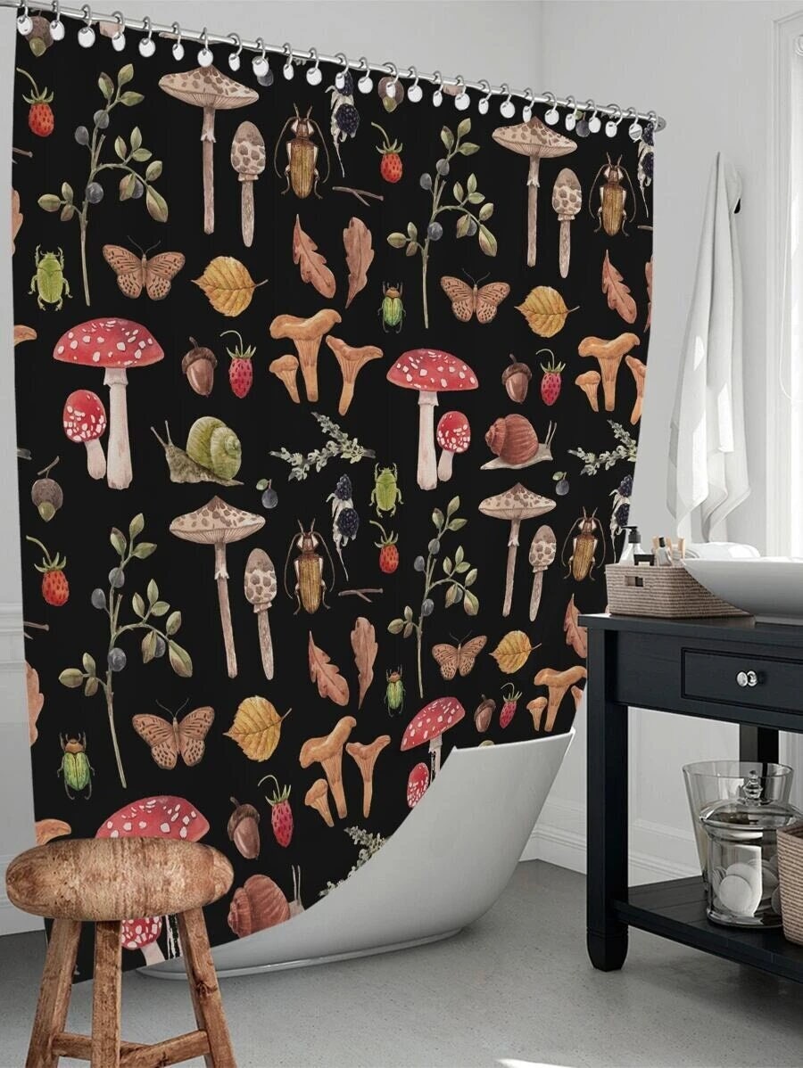 Wild Mushrooms And Plants Print Colorful Shower Curtain For A Nature-Inspired Bathroom Theme