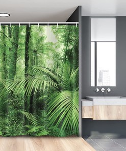 Wild Rainforest Jungle Shower Curtain, Palm Trees And Plants With Nature Theme Illustration For Stall