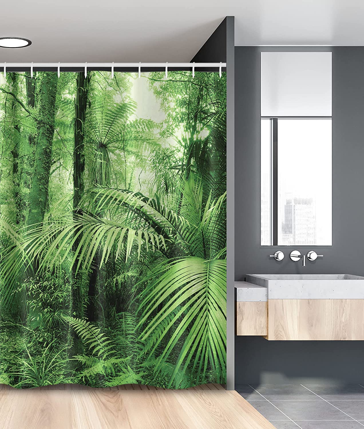 Wild Rainforest Jungle Shower Curtain, Palm Trees And Plants With Nature Theme Illustration For Stall