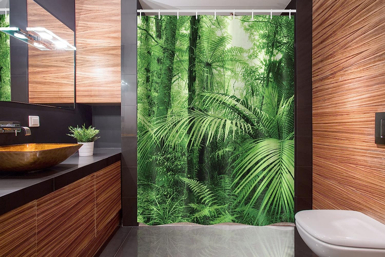 Wild Rainforest Jungle Shower Curtain, Palm Trees And Plants With Nature Theme Illustration For Stall - Image 2
