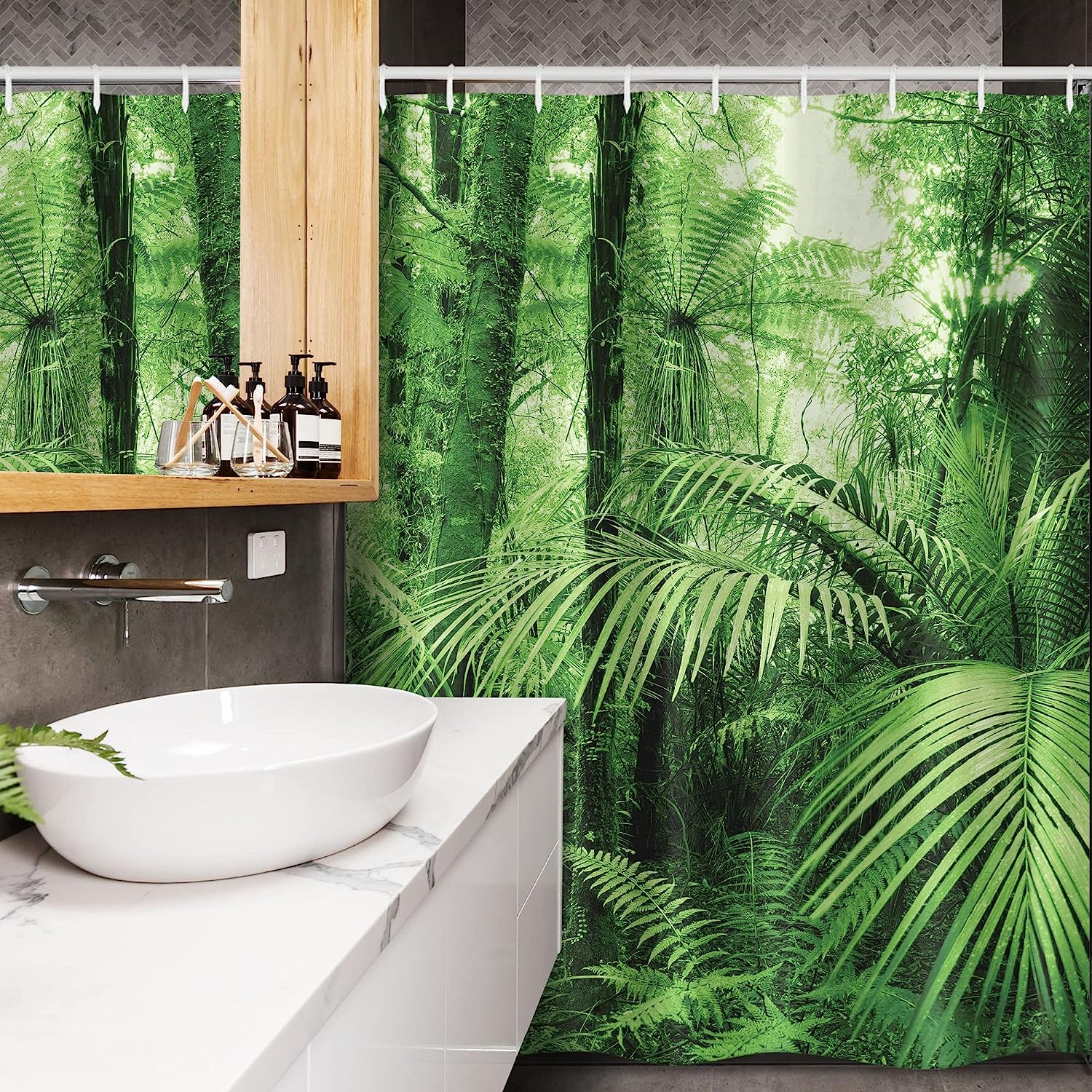 Wild Rainforest Jungle Shower Curtain, Palm Trees And Plants With Nature Theme Illustration For Stall - Image 3