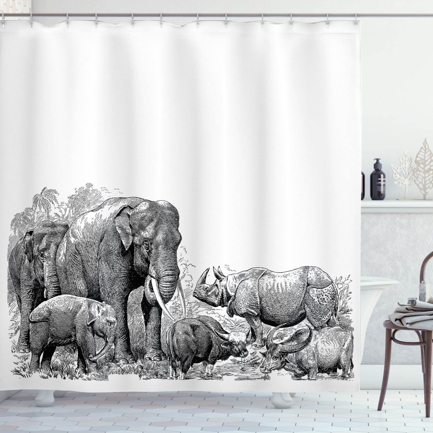 Wild Safari Decor Elephant And Rhino Image Ancient Shower Curtain