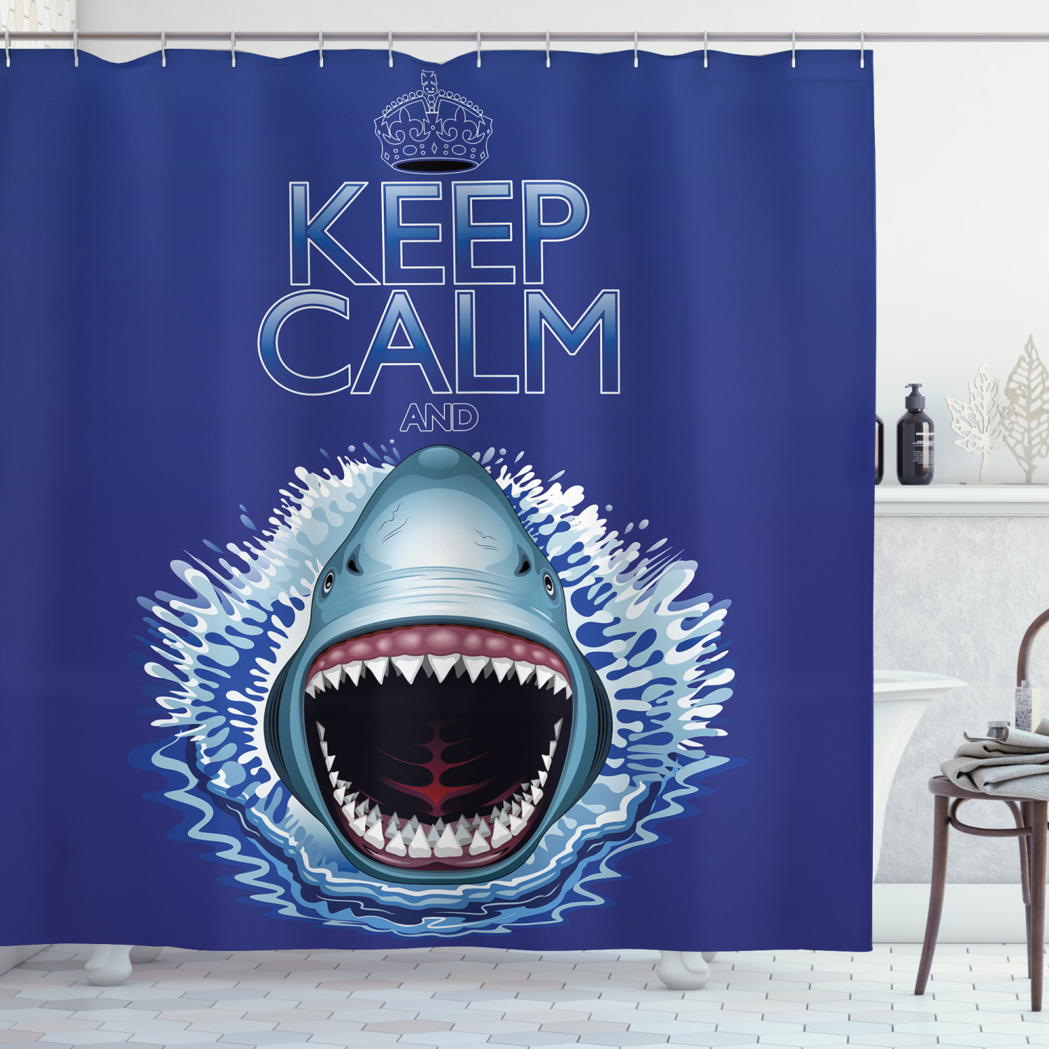 Wild Shark Hunter Print Dark Blue Shower Curtain Set For Your Bathroom