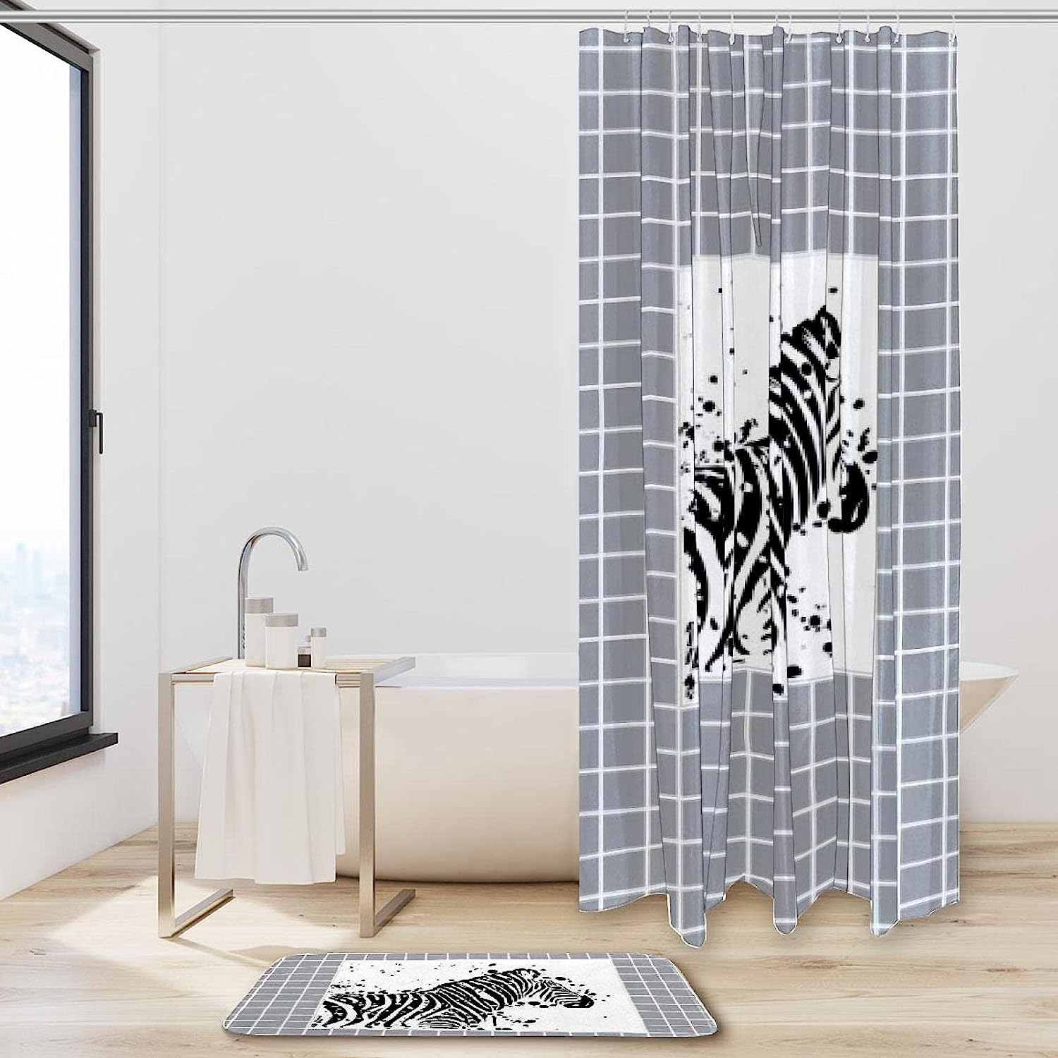 Wild Stripes Grey Grid And Zebra Bathroom Shower Curtain