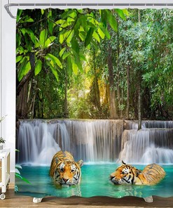 Wild Tiger Shower Curtain with Tropical Rainforest Scenic Views for Nature Bathroom Decor 