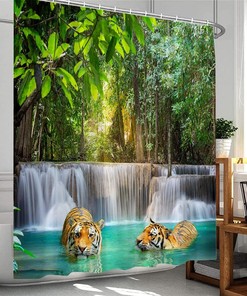 Wild Tiger Shower Curtain with Tropical Rainforest Scenic Views for Nature Bathroom Decor