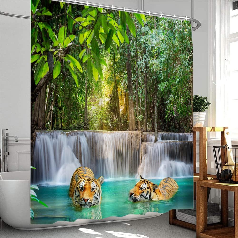 Wild Tiger Shower Curtain with Tropical Rainforest Scenic Views for Nature Bathroom Decor