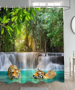 Wild Tiger Shower Curtain with Tropical Rainforest Scenic Views for Nature Bathroom Decor