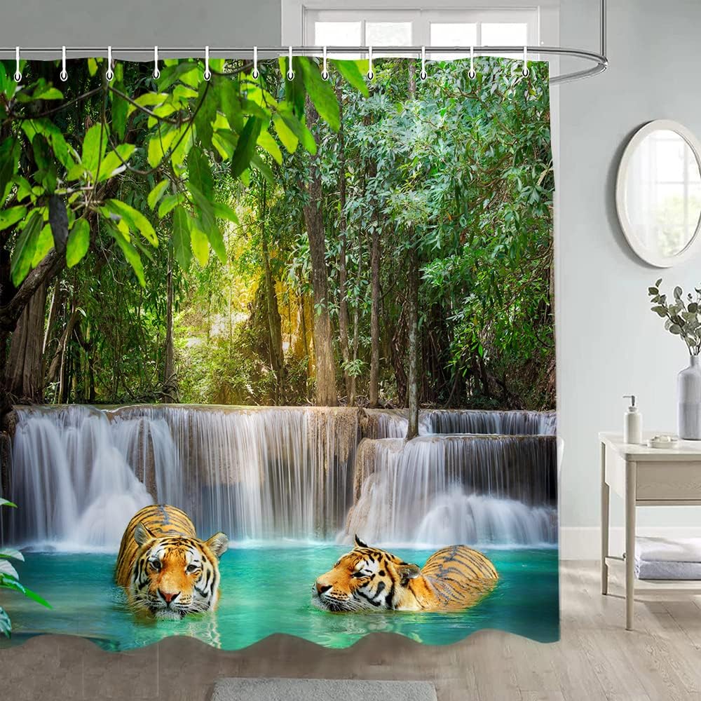 Wild Tiger Shower Curtain with Tropical Rainforest Scenic Views for Nature Bathroom Decor