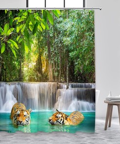Wild Tiger Shower Curtain with Tropical Rainforest Scenic Views for Nature Bathroom Decor