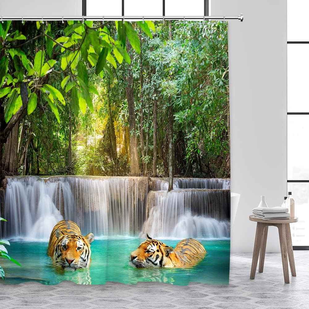 Wild Tiger Shower Curtain with Tropical Rainforest Scenic Views for Nature Bathroom Decor