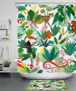 Wild and Bold Animals on Tropical Green Leaves Shower Curtain for a Wild Bathroom