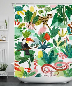 Wild and Bold Animals on Tropical Green Leaves Shower Curtain for a Wild Bathroom