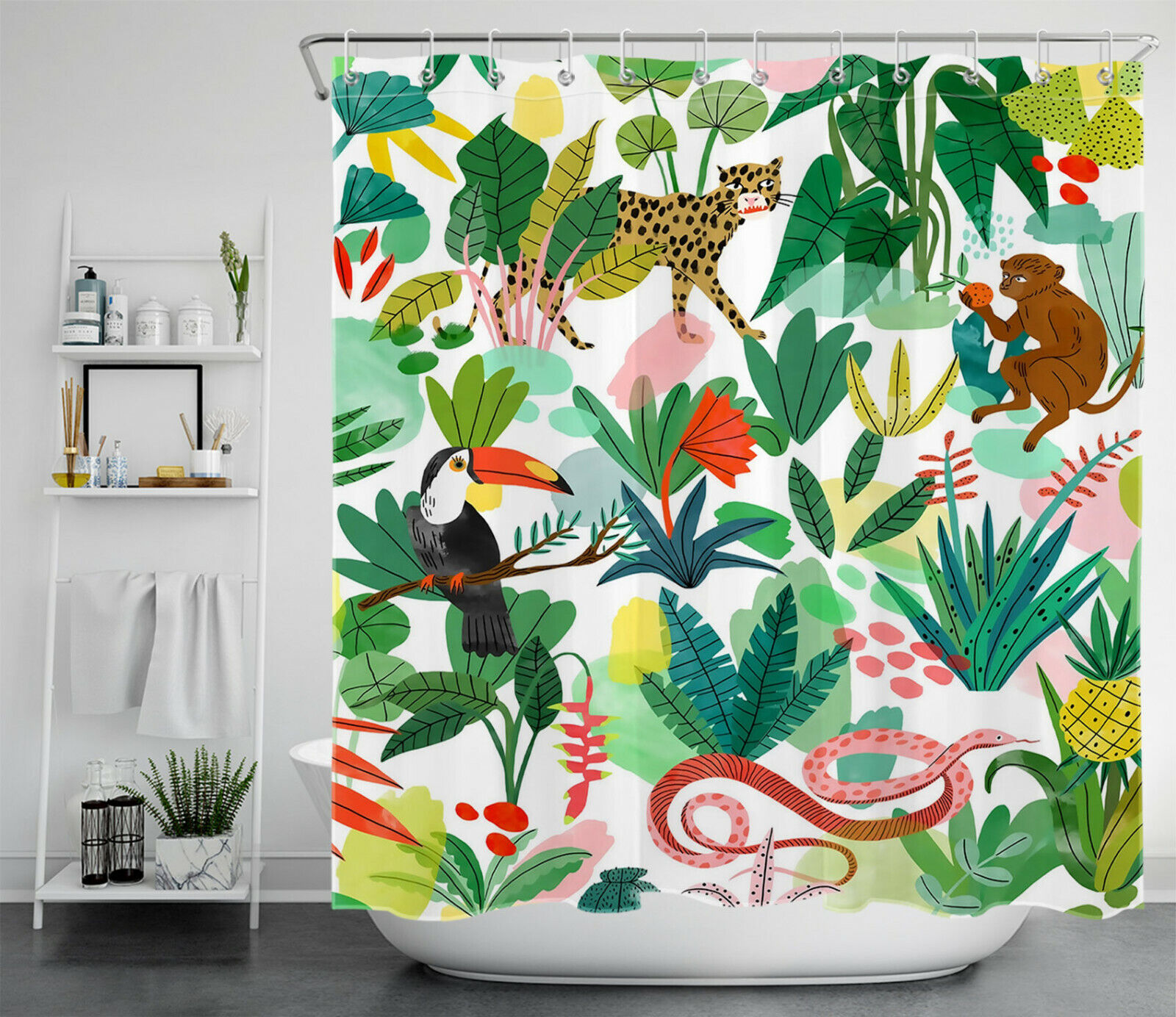 Wild and Bold Animals on Tropical Green Leaves Shower Curtain for a Wild Bathroom