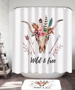 Wild and Free Native Floral Bull Skull Shower Curtain for Unique and Bohemian Bathroom Decor