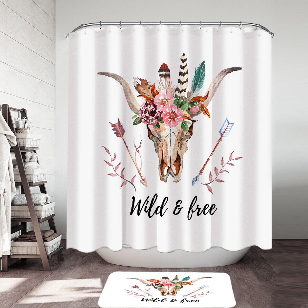 Wild and Free Native Floral Bull Skull Shower Curtain for Unique and Bohemian Bathroom Decor